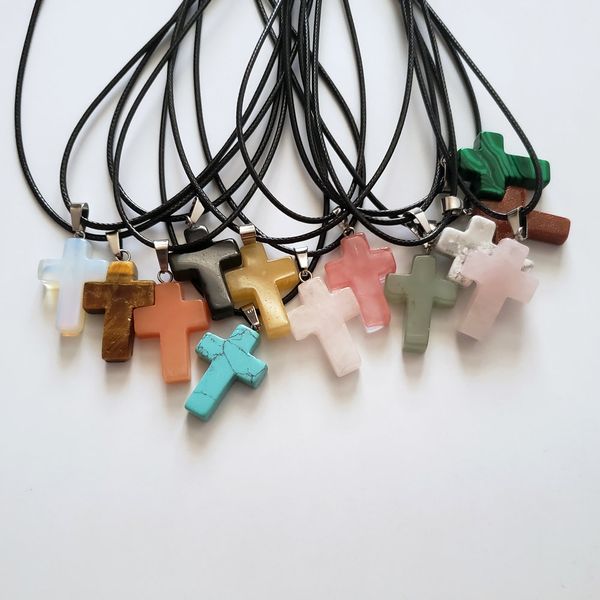 

wholesale 24pcs/lot mixed fashion jewelry natural stones pendants powder crystal cross pendant leather chains charms necklace free, Silver
