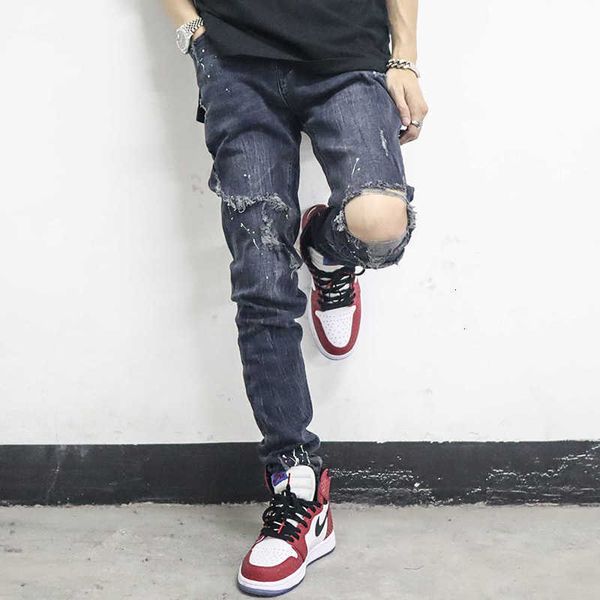 

men's jeans harajuku paint splashes brim trouser holes of men tall washed retro street destroy in straight line casual qf5l mt9c, Blue