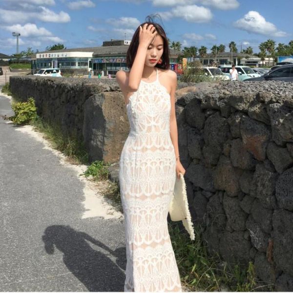 

casual dresses 2021 seaside vacation women's halter fishtail dress lace bali beach straps backless, Black;gray