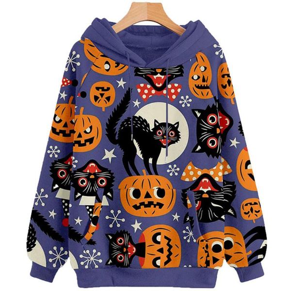 

women's hoodies & sweatshirts 2021 autumn winter halloween pumpkin print long sleeve hoodie, Black