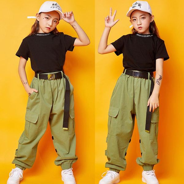 

stage wear children jazz dance costumes kids black green pants outfit hip hop clothing for girls street performance sl1972, Black;red