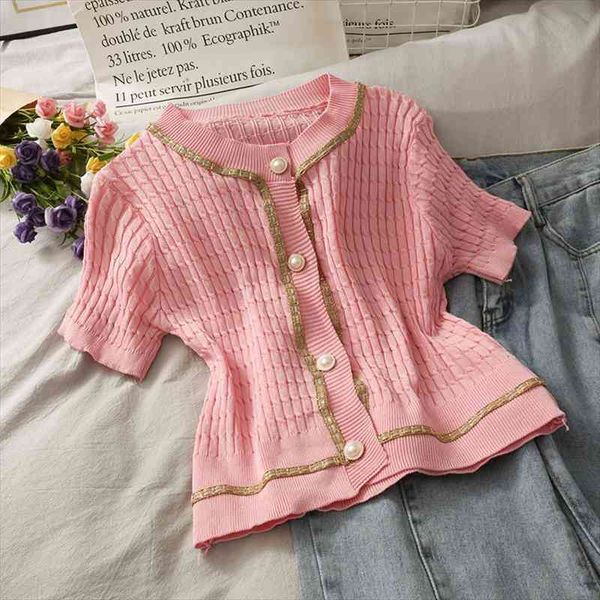 

women patched o-neck knitted short sleeve sweaters cardigans lady single-breasted pearl buttons sweater crop female, White;black