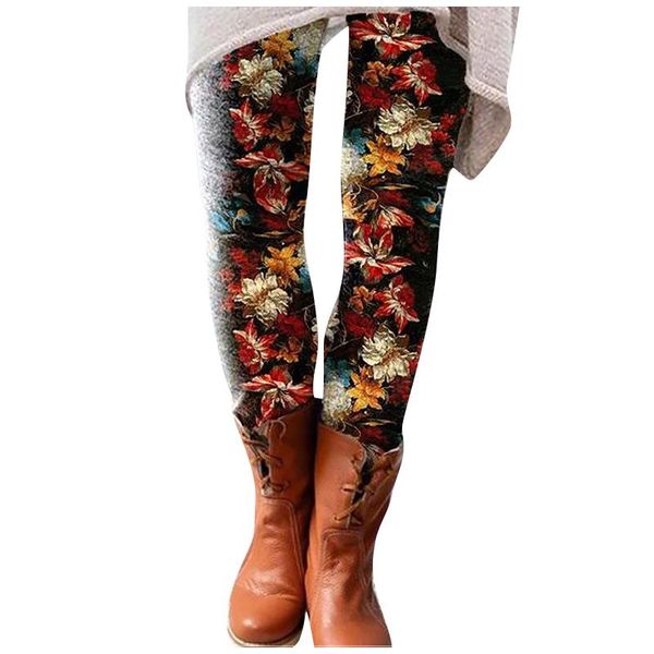 

women's leggings winter clothes women printed high elasticity plus velvet female fleece trousers flower print pants, Black