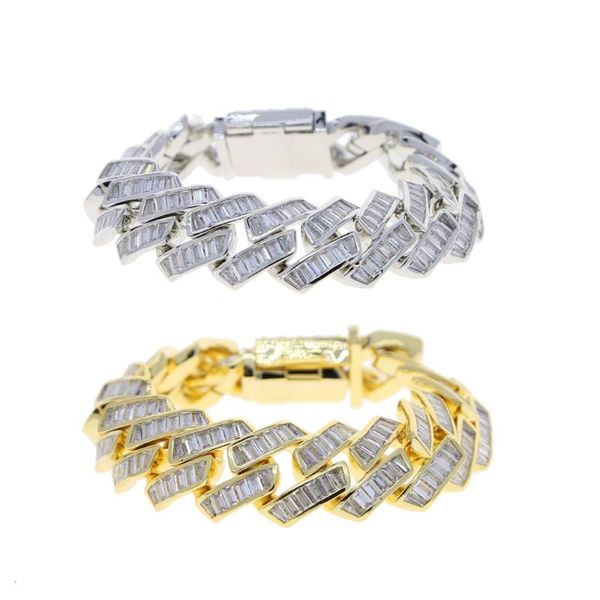 

charm bracelets big heavy hip hop bling men boy jewelry 19mm width full rectangle cubic zirconia cz cuban link chain bracelet, Golden;silver