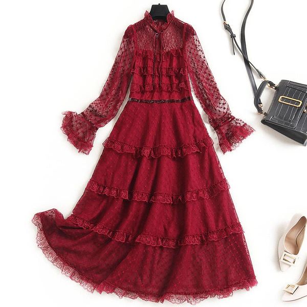 

casual dresses 2021 spring women elegant flare sleeve ruffle mesh lace dress festa red celebrity party robe femme vestidos, Black;gray