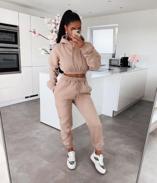 

women's two piece pants casual women tracksuit set hooded shirt and long with pocket solid color high street sportsuit clothes for, White