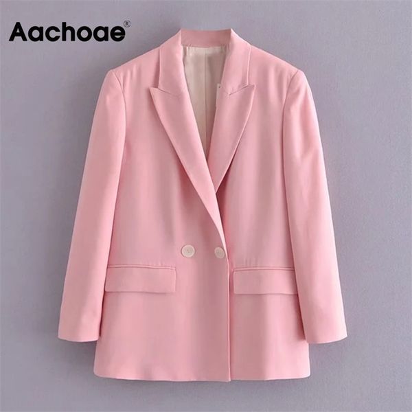 AACHOAE двубортный розовый пикантский женский офис с длинным рукавом элегантное пальто с карманами женские женские воротники куртки Blazers 210930