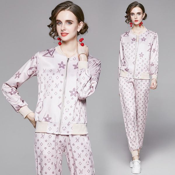 

women's two piece pants spring summer fall runway 2 womens sets vintage floral letters print collar long sleeve jacket coat pant suits, White