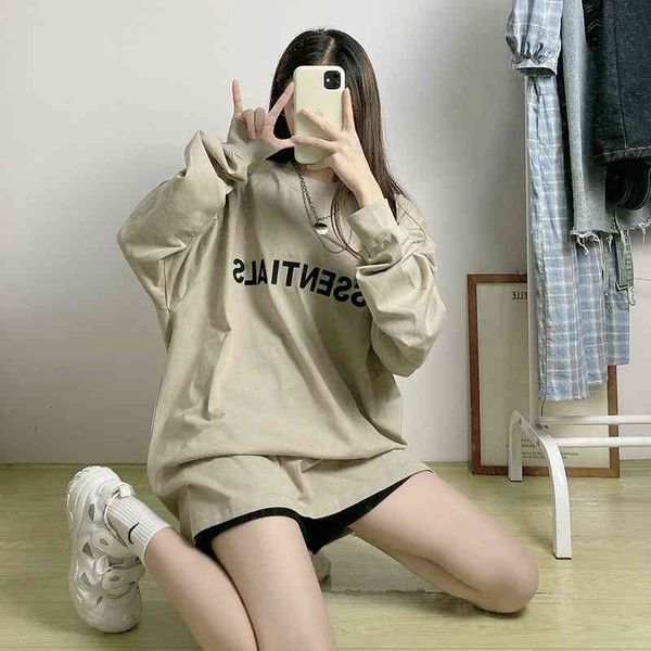 

feel of god essentials double track high street fog silicone letter print loose hip hop long sleeve t-shirt, Black