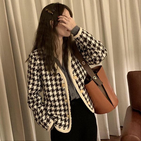 

2021 tweed plaid spring thin coat women's new loose and versatile, Black;brown