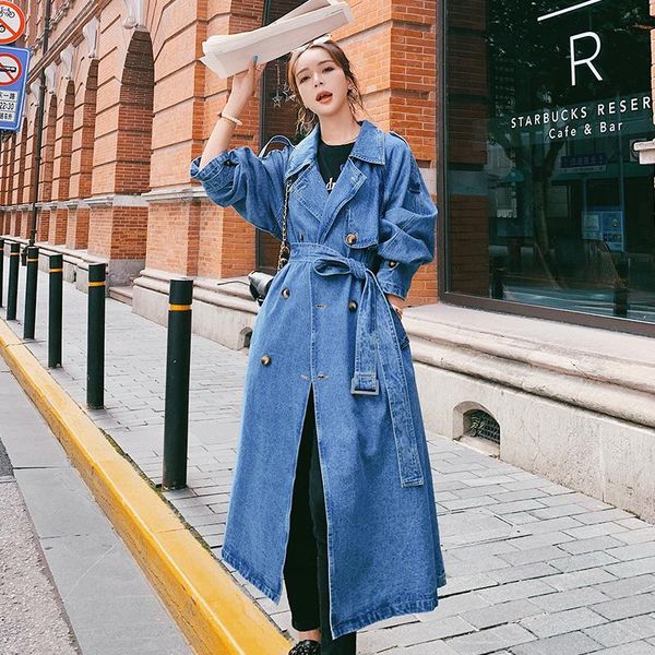 

women's trench coats brand european style long denim coat women double-breaste with belt spring autumn outerwear blue duster for lady, Tan;black
