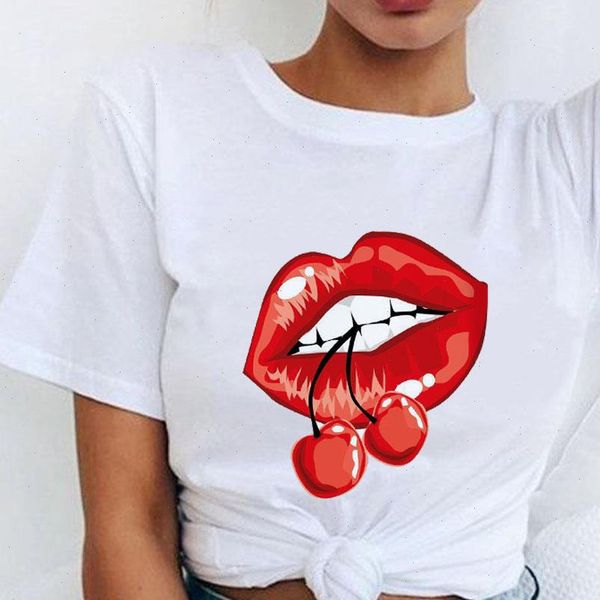 

women red mouth lip print t shirts base short sleeve women tshirt harajuku white tee sweet girls o neck shirt