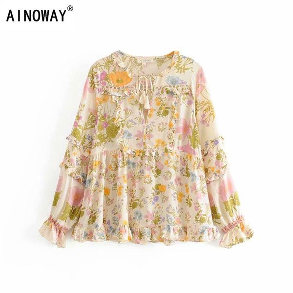 

women's blouses & shirts vintage chic women floral printed bohemian ruffles blouse ladies v-neck long sleeve loose boho kimono oversize, White