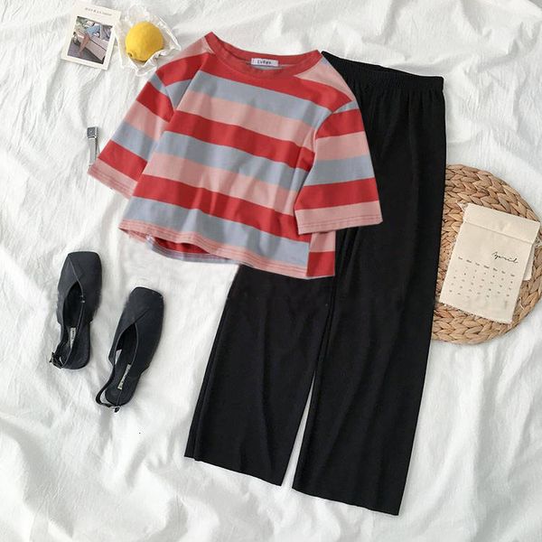 

2021 women summer new streetwear chic sets female casual short striped t-shirt +pants all-match loose clothes 2 piece set l199b9w6, Gray