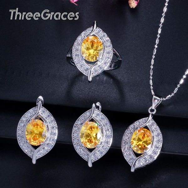 

earrings & necklace threegraces fashion elegant jewelry cubic zirconia crystal yellow stones ring sets friend gift js112, Silver