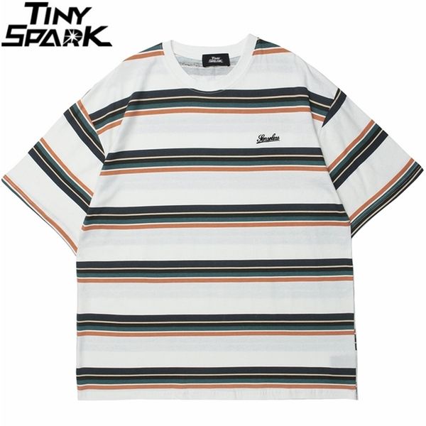 

hip hop streetwear tshirt striped print t-shirt harajuku cotton loose short sleeve t shirt men fashion summer tees 220302, White;black