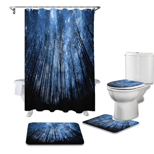 

shower curtains forest sky stars black moon white curtain sets non-slip rugs toilet lid cover and bath mat waterproof bathroom