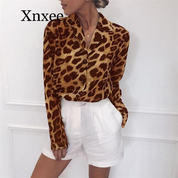 

women's blouses & shirts 2021leopard print office lady vintage long sleeve leopard turn down collar shirt tunic casual loose, White