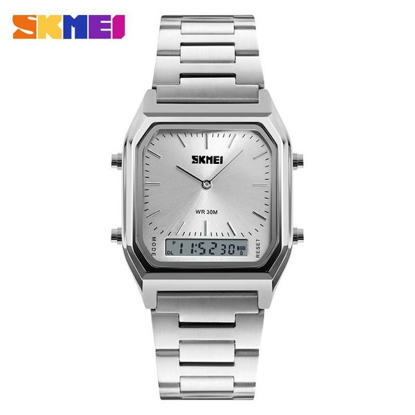 

wristwatches men's waterproof steel band electronic watch retro fashion business dual display multifunction, Slivery;brown