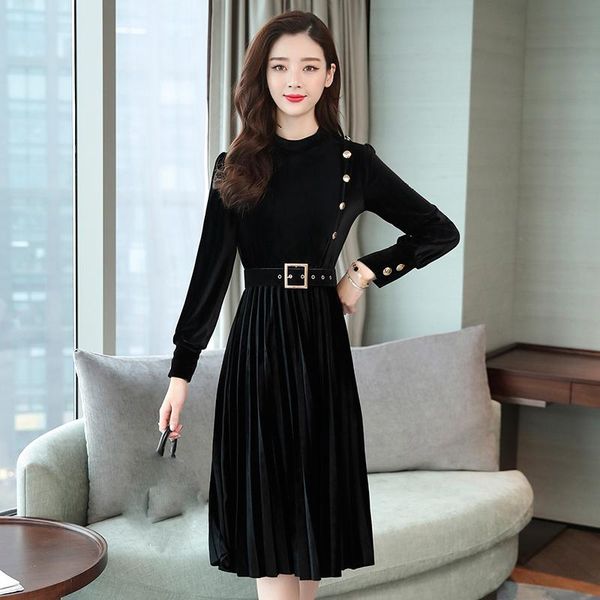 

casual dresses black vintage dress women elegant slim long sleeved velvet party ol office wear 2021 autumn winter robe vestidos, Black;gray