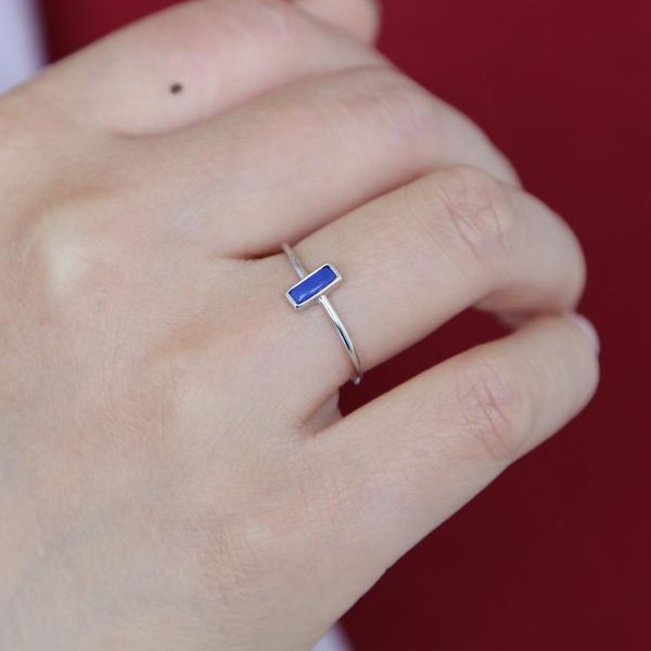 

wedding rings 925 sterling silver delicate engagement dark blue turquoises stone trendy ring for women baguette geometric simple jewelry, Slivery;golden