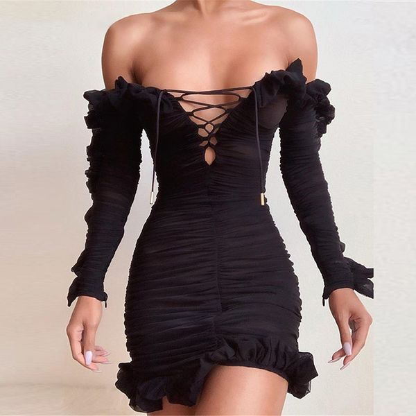 

winter style 2021 new arrivals dress long sleeve v neck hollow out off shoulder mesh transparent evening party dress, Black;gray