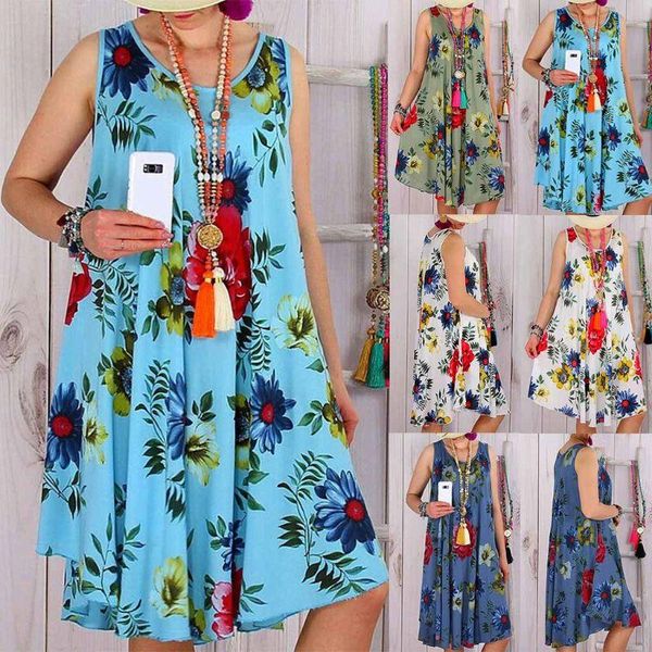 

casual dresses women sleeveless floral print summer beach swing loose vest dress plus size, Black;gray