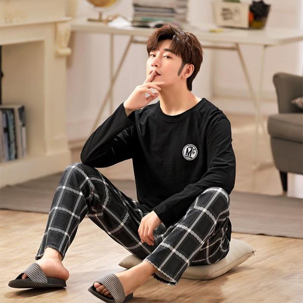 

men's sleepwear spring autumn men pajamas set cotton print night suit casual long sleeve plaid pants pyjamas plus size homewear 4xl, Black;brown