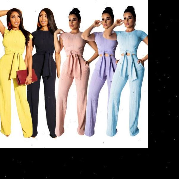 

2021 summer women casual outfits set short sleeve bandage crop long pants set slim jumpsuit woman clothes s xxl, Gray