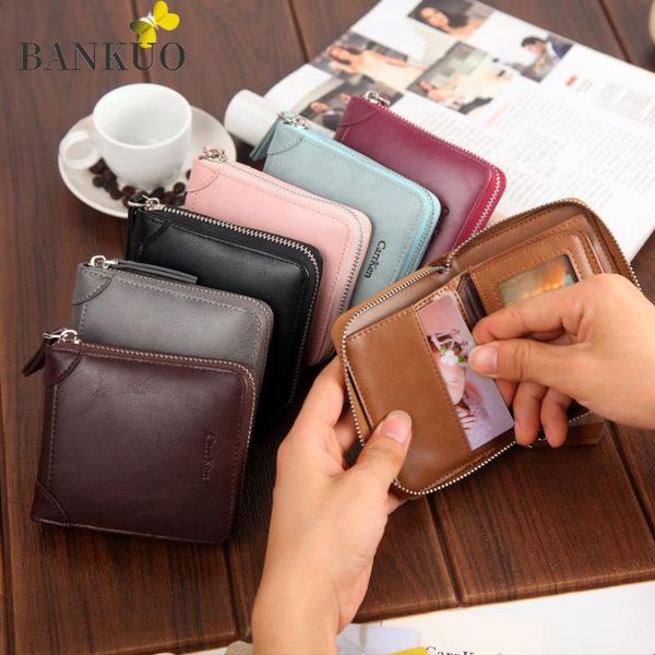 

bankuo new men's wallet short multi card zip wallet leather vintage men's coin purse fashion classic sewing thread card bag c130, Red;black