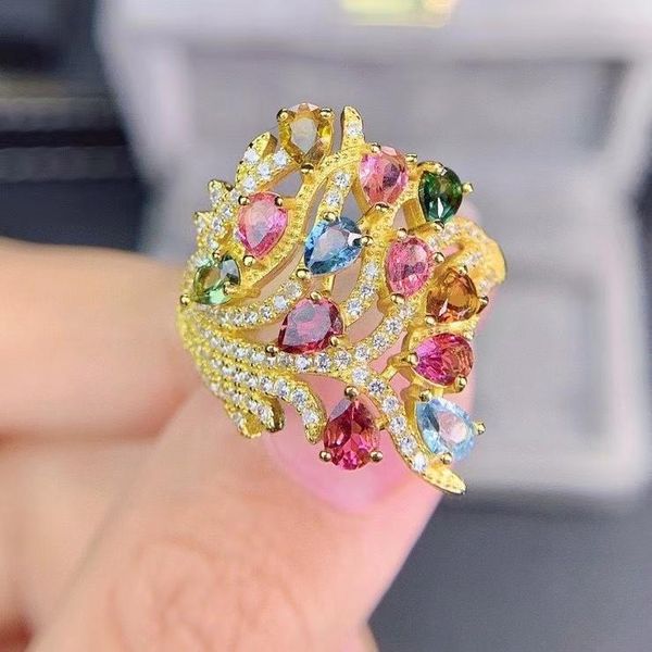 

cluster rings luxurious big wide leaf flower natural gemstone ring multicolor tourmaline s925 silver women's party gift jewelry, Golden;silver