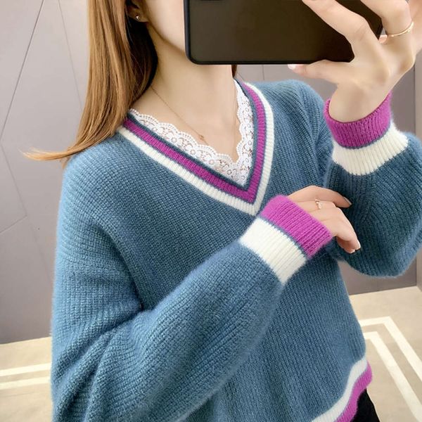 

v-neck sweater women's loose 2021 new lace knitted bottomcoat autumn and winter short style versatile clothes, White;black