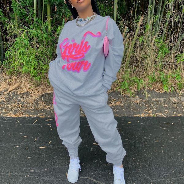 

cool girl bf style women clothing sets loose sweatshirts long sleeve spring trousers lounge wear two piece set women, Gray