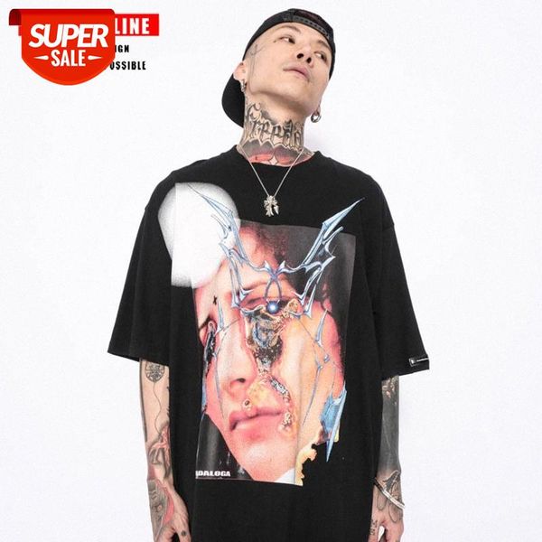 

streetwear men trend dark high street funeral portrait printing short-sleeved oversize loose hip-hop tide brand t-shirt for and women #2z6n, White;black