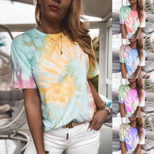 

30# new tie-dye print women bluzka oversized t shirt o neck t shirt short sleeve tshirt aesthetic, White