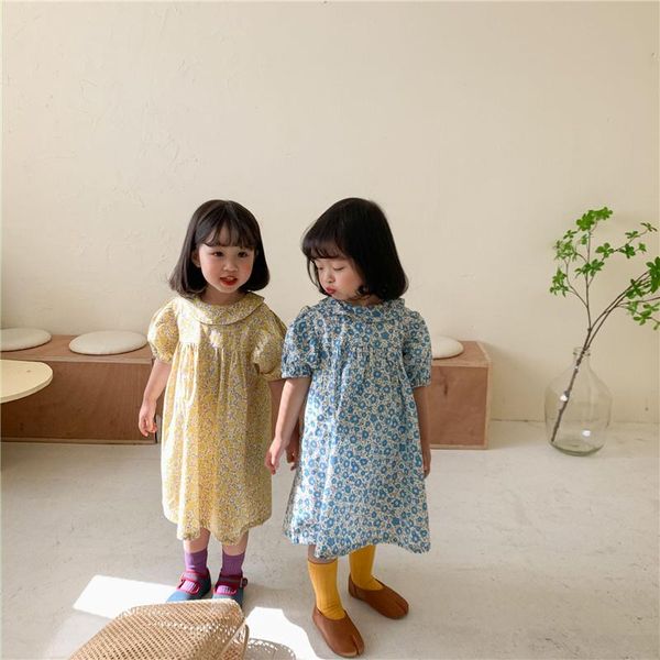 

girl's dresses 2021 summer floral casual dress kids girls turndown collar short sleeve loose 2-6y, Red;yellow