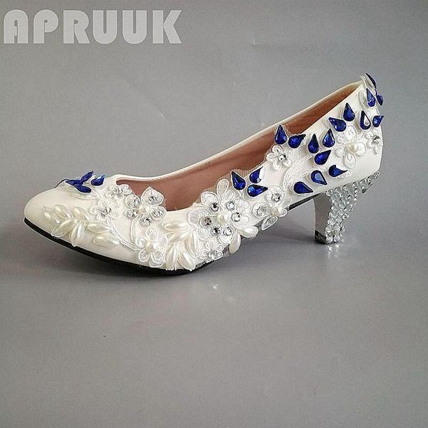 

dress shoes 5cm middle heel pumps woman white lace royal blue crystal rhinestones luxury handmade wedding bride bridal, Black