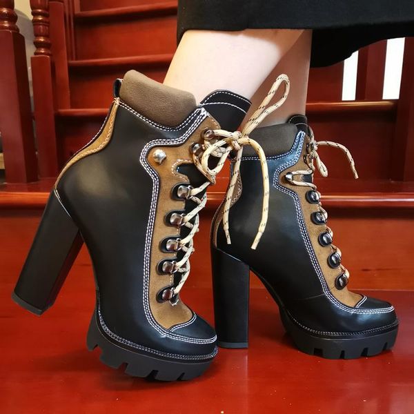 Cores da plataforma de botas altas blocos femininos correspondem aos sapatos retro sapatos de tornozelo Lace Up Punk Motorcycle Plus Size 2024 38 43