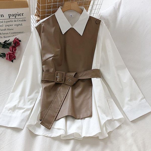 

womens spring autumn shirt korean style leather fight receiving waist tie new long sleeved fake two piece blouse ll877, White
