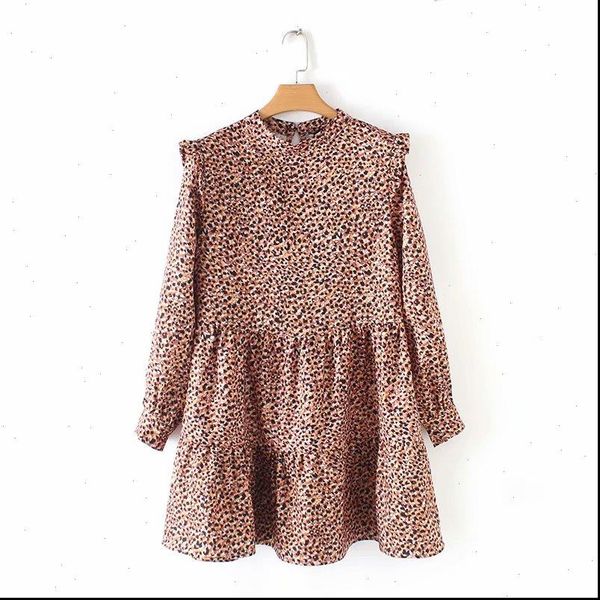 

women dress vintage pleated ruffles leopard print mini female o neck long sleeve casual vestidos chic sweet dresses ds1946, Black;gray