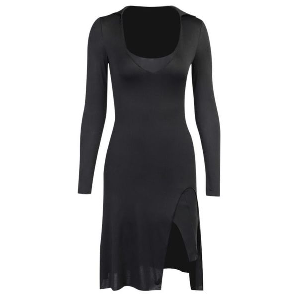 

casual dresses women long sleeve deep u-neck side split hem package hip bodycon midi dress e56c, Black;gray