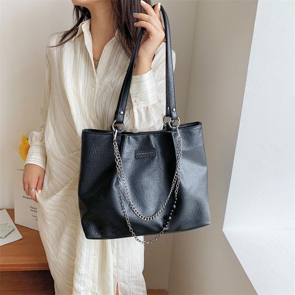 

evening bags solid soft pu leather tote women shoulder fashion large capacity ladies handbags chain vintage decoration