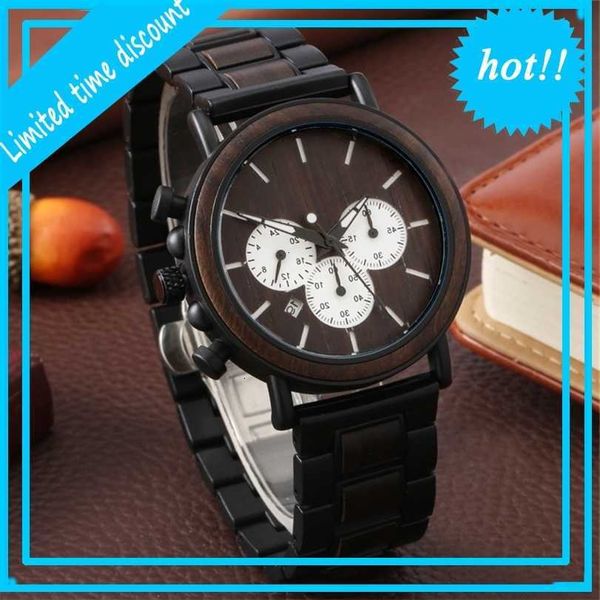 

handmade nature wood watch men's bamboo quartz watches date luminous hands three-eyes dial sandalwood full wooden bracelet gift, Slivery;brown