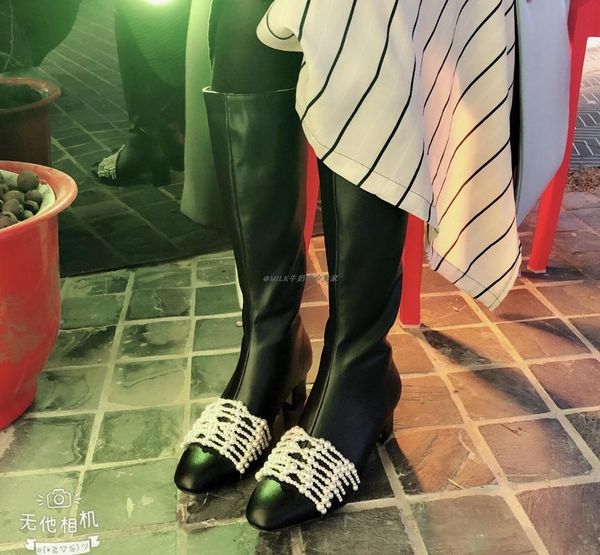 

boots womens round toe real leather knee thigh high block chunky heel pearls decor riding winter shoes black c1024