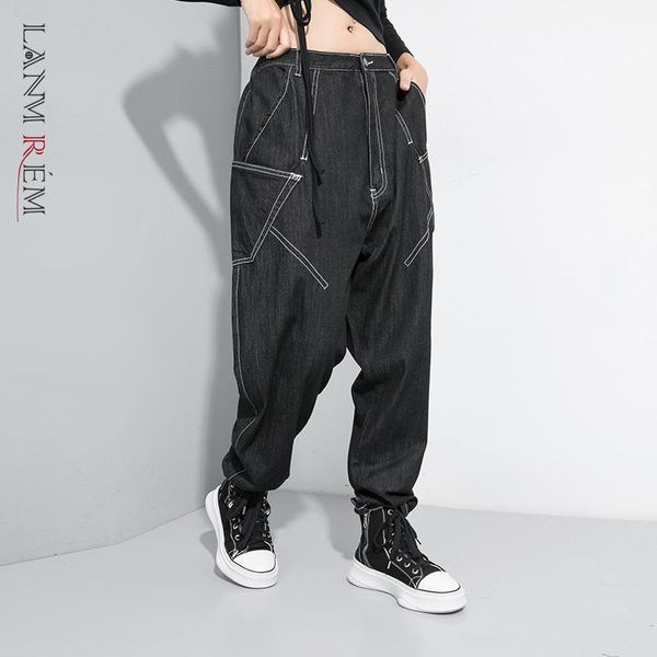 

women's pants & capris lanmrem can ship tide 2021 spring fashion denim trousers for women loose blue black jeans hip-hop haren bottoms, Black;white