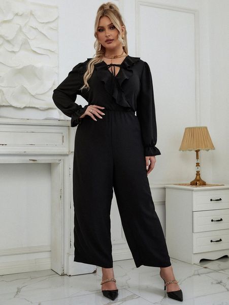 

plus ruffle trim knot front flounce sleeve jumpsuit 99xe#, Black