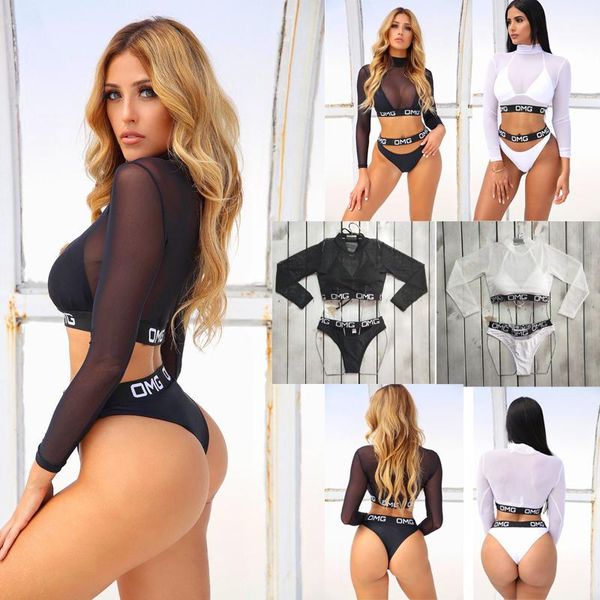 

women's swimwear 3pcs women bandage push-up triangle bathing suit padded bra bikini set with cover-ups long sleeve swimsuit, White;black