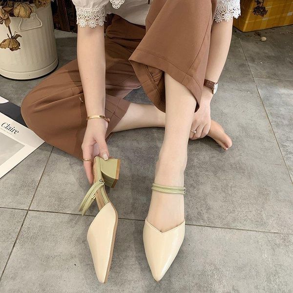 

slippers high heel mules shoes women summer pointed toe sandals fashion thick closed, Black
