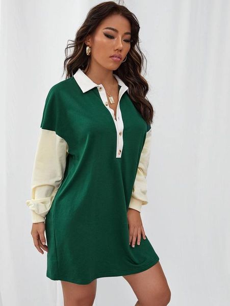 

color block half placket drop shoulder dress she, Black;gray