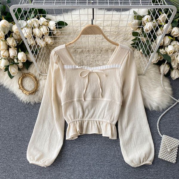 

women preppy style long puff sleeve fungus shirt solid color square collar slim short fashion spring summer 11b727 210525, White